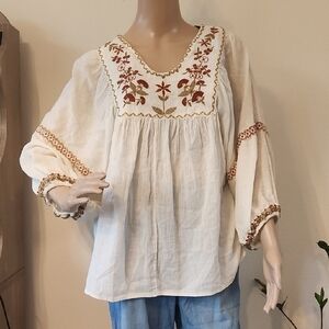 Cream Embellished Blouse with Puff Sleeves